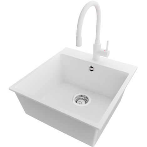 PRIMAGRAN Evier Cuisine en Granit 48x50cm,Lavabo 1 bac + Robinet 38x14cm + Kit de Vidage, Évier à Encastrer au meuble 50cm - Riga, Blanc (1/5)