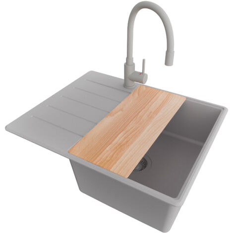 PRIMAGRAN Evier Cuisine en Granit 62x50cm, Lavabo 1 bac + Robinet 38x14cm + Kit de Vidage + Accessoire, Évier à Encastrer au meuble 45cm - Copenhague, Gris (1/5)