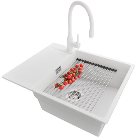 PRIMAGRAN Evier Cuisine en Granit 62x50cm, Lavabo 1 bac + Robinet 38x14cm + Kit de Vidage + Accessoire, Évier à Encastrer au meuble 50cm - San Francisco, Blanc (1/5)