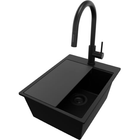 PRIMAGRAN Evier Cuisine en Granit 38x50cm, Lavabo 1 bac + Robinet 40x20cm + Kit de Vidage + Accessoire, Évier à Encastrer au meuble 40cm - Oslo, Tout Noir (1/5)