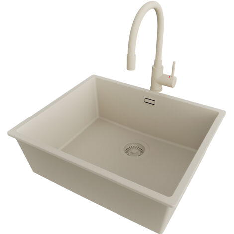 PRIMAGRAN Evier Cuisine en Granit 56x47cm,Lavabo 1 bac + Robinet 38x14cm + Kit de Vidage, Évier à Encastrer au meuble 60cm - London Slim, Beige (1/5)