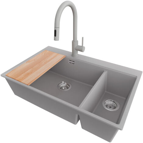 PRIMAGRAN Evier Cuisine en Granit 78x50cm, Lavabo 2 bacs + Robinet 40x20cm + Kit de Vidage + Accessoire, Évier à Encastrer au meuble 80cm - Oslo Duo, Gris (1/5)