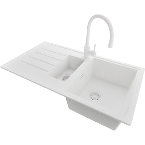 PRIMAGRAN Evier Cuisine en Granit 90x50cm,Lavabo 1,5 bacs + Robinet 38x14cm + Kit de Vidage, Évier à Encastrer au meuble 60cm - Copenhague Duo, Tout Blanc (1/5)