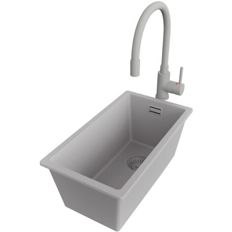 PRIMAGRAN Evier Cuisine en Granit 26x47cm,Lavabo 1 bac + Robinet 38x14cm + Kit de Vidage, Évier à Encastrer au meuble 30cm - London Slim, Gris (1/5)