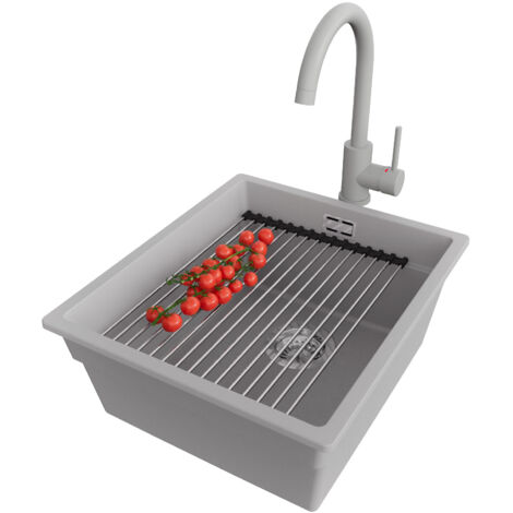 PRIMAGRAN Evier Cuisine en Granit 41x47cm, Lavabo 1 bac + Robinet 32x20cm + Kit de Vidage + Accessoire, Évier à Encastrer au meuble 45cm - Prague Slim, Gris (1/5)