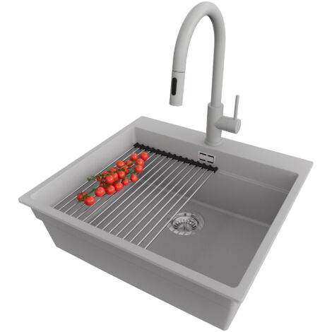 PRIMAGRAN Evier Cuisine en Granit 58x53cm, Lavabo 1 bac + Robinet 40x20cm + Kit de Vidage + Accessoire, Évier à Encastrer au meuble 60cm - Oslo Max, Gris (1/5)