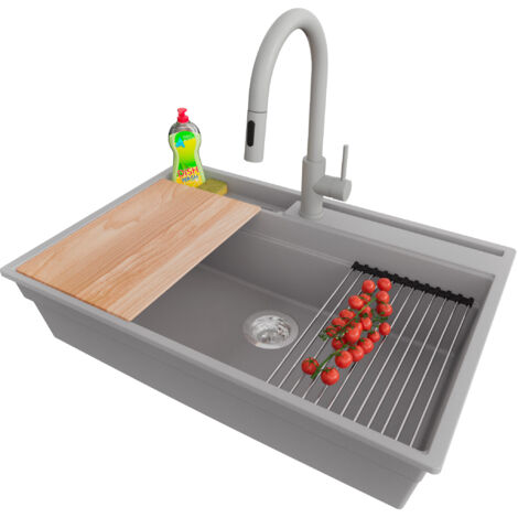 PRIMAGRAN Evier Cuisine en Granit 78x53cm,Lavabo 1 bac + Robinet 40x20cm + Kit de Vidage + Accessoires, Évier à Encastrer au meuble 80cm - Oslo Pocket, Gris (1/5)