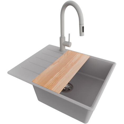 PRIMAGRAN Evier Cuisine en Granit 62x50cm, Lavabo 1 bac + Robinet 40x20cm + Kit de Vidage + Accessoire, Évier à Encastrer au meuble 50cm - Copenhague, Gris (1/5)