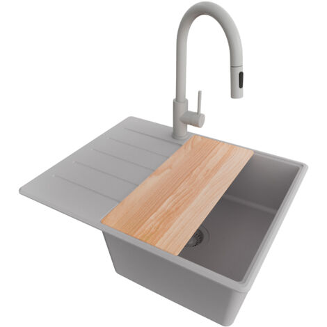 PRIMAGRAN Evier Cuisine en Granit 62x50cm, Lavabo 1 bac + Robinet 40x20cm + Kit de Vidage + Accessoire, Évier à Encastrer au meuble 45cm - Copenhague, Gris (1/5)