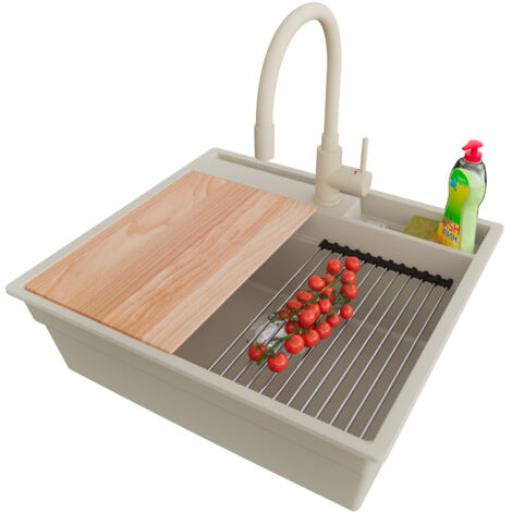 PRIMAGRAN Evier Cuisine en Granit 58x53cm,Lavabo 1 bac + Robinet 38x14cm + Kit de Vidage + Accessoires, Évier à Encastrer au meuble 60cm - Oslo Pocket, Beige (1/5)
