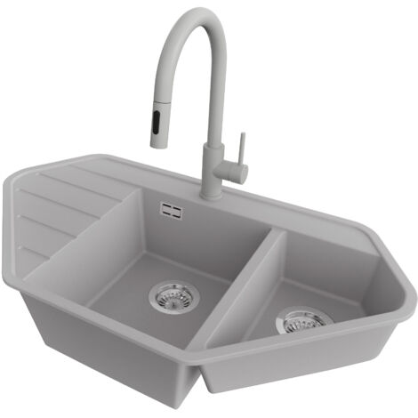 PRIMAGRAN Evier d'angle en Granit 90x50cm,Lavabo Cuisine 1,5 bacs + Robinet 40x20cm + Kit de Vidage, Évier à Encastrer au meuble 70cm - Copenhague Corner, Gris (1/5)