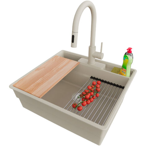 PRIMAGRAN Evier Cuisine en Granit 58x53cm,Lavabo 1 bac + Robinet 40x20cm + Kit de Vidage + Accessoires, Évier à Encastrer au meuble 60cm - New York, Beige (1/5)