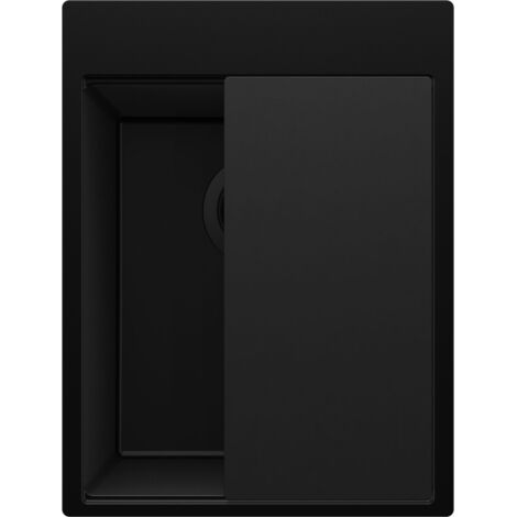 PRIMAGRAN Evier Cuisine en Granit 38x50cm,Lavabo 1 bac + Kit de Vidage + Planche à Découper, Évier à Encastrer au meuble 40cm - Oslo, Tout Noir (1/5)