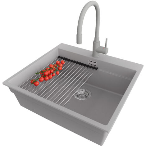 PRIMAGRAN Evier Cuisine en Granit 58x53cm, Lavabo 1 bac + Robinet 38x14cm + Kit de Vidage + Accessoire, Évier à Encastrer au meuble 60cm - Oslo Max, Gris (1/5)