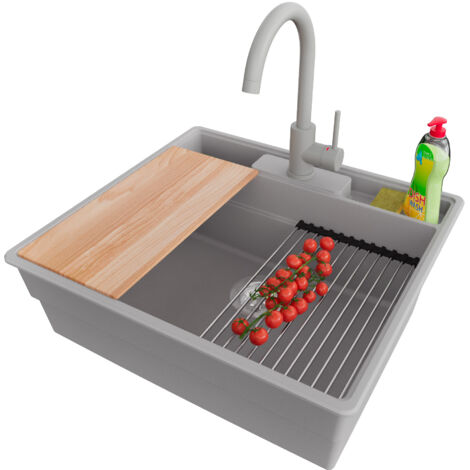 PRIMAGRAN Evier Cuisine en Granit 58x53cm,Lavabo 1 bac + Robinet 32x20cm + Kit de Vidage + Accessoires, Évier à Encastrer au meuble 60cm - New York, Gris (1/5)