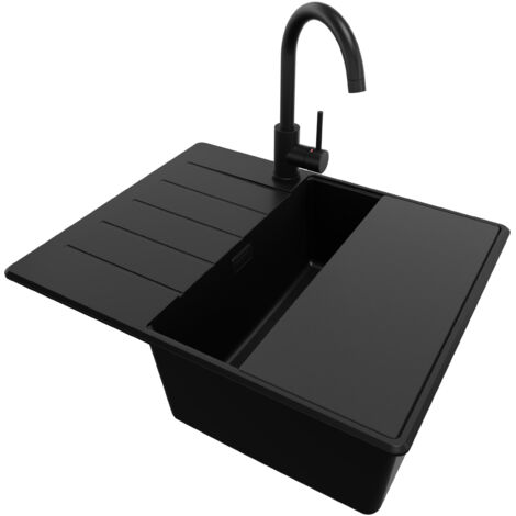 PRIMAGRAN Evier Cuisine en Granit 62x50cm, Lavabo 1 bac + Kit de Vidage + Accessoire, Évier à Encastrer au meuble 45cm - Copenhague, Tout Noir (1/5)