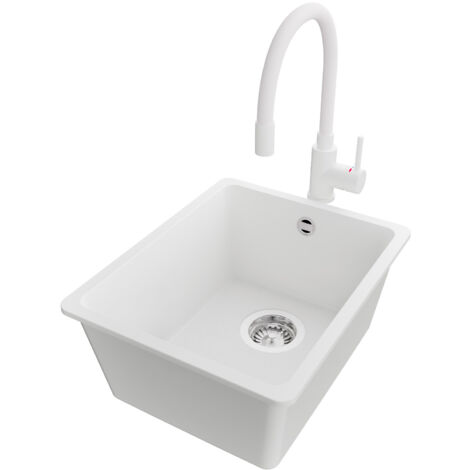 PRIMAGRAN Evier Cuisine en Granit 36x44cm,Lavabo 1 bac + Robinet 38x14cm + Kit de Vidage, Évier à Encastrer au meuble 40cm - Venise Slim Easy, Blanc (1/5)