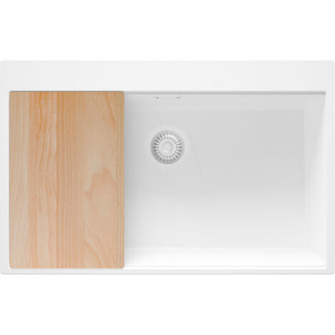 PRIMAGRAN Evier Cuisine en Granit 78x50cm,Lavabo 1 bac + Kit de Vidage + Planche à Découper, Évier à Encastrer au meuble 80cm - Oslo, Tout Blanc (1/5)