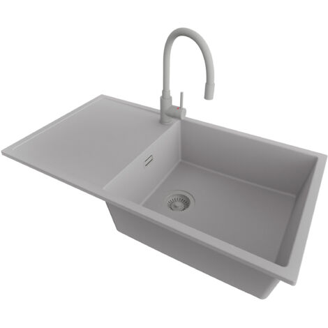PRIMAGRAN Evier Cuisine en Granit 90x50cm,Lavabo 1 bac + Robinet 38x14cm + Kit de Vidage, Évier à Encastrer au meuble 60cm - Ibiza, Gris (1/5)