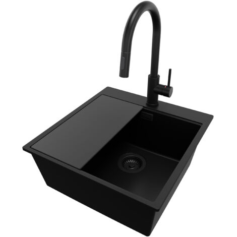 PRIMAGRAN Evier Cuisine en Granit 48x50cm, Lavabo 1 bac + Robinet 40x20cm + Kit de Vidage + Accessoire, Évier à Encastrer au meuble 50cm - Oslo, Tout Noir (1/5)
