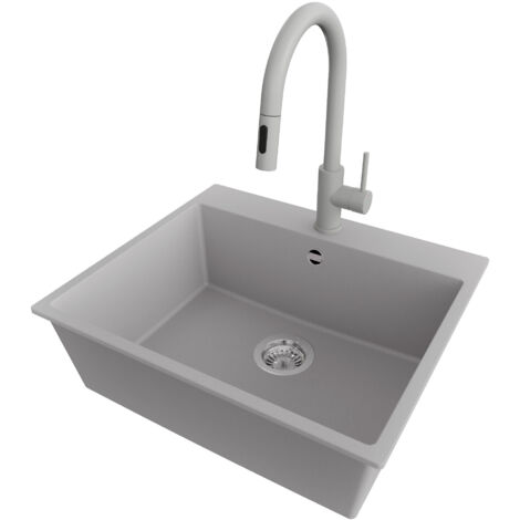 PRIMAGRAN Evier Cuisine en Granit 58x50cm,Lavabo 1 bac + Robinet 40x20cm + Kit de Vidage, Évier à Encastrer au meuble 60cm - Riga, Gris (1/5)