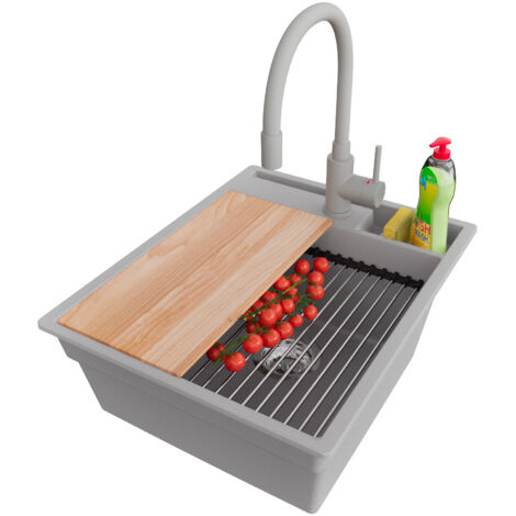 PRIMAGRAN Evier Cuisine en Granit 43x53cm,Lavabo 1 bac + Robinet 38x14cm + Kit de Vidage + Accessoires, Évier à Encastrer au meuble 45cm - Oslo Pocket, Gris (1/5)