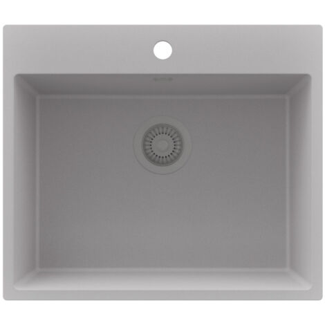 PRIMAGRAN Evier Cuisine en Granit 58x50cm,Lavabo 1 bac + Kit de Vidage, Évier à Encastrer au meuble 60cm - Riga, Gris