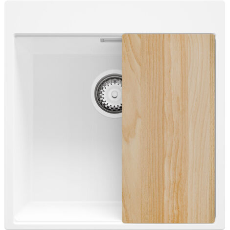 PRIMAGRAN Evier Cuisine en Granit 48x50cm,Lavabo 1 bac + Kit de Vidage + Planche à Découper, Évier à Encastrer au meuble 50cm - Oslo, Blanc (1/5)