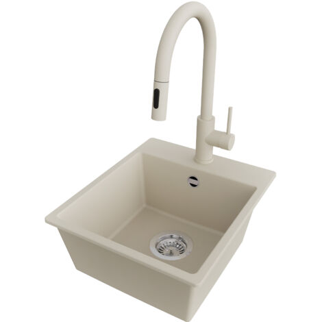 PRIMAGRAN Evier Cuisine en Granit 38x44cm,Lavabo 1 bac + Robinet 40x20cm + Kit de Vidage, Évier à Encastrer au meuble 40cm - Riga Easy, Beige (1/5)
