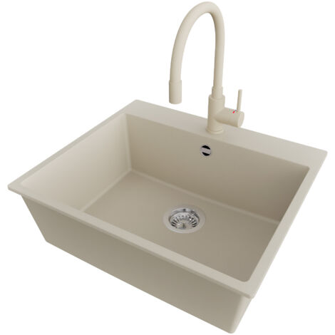 PRIMAGRAN Evier Cuisine en Granit 58x50cm,Lavabo 1 bac + Robinet 38x14cm + Kit de Vidage, Évier à Encastrer au meuble 60cm - Riga, Beige