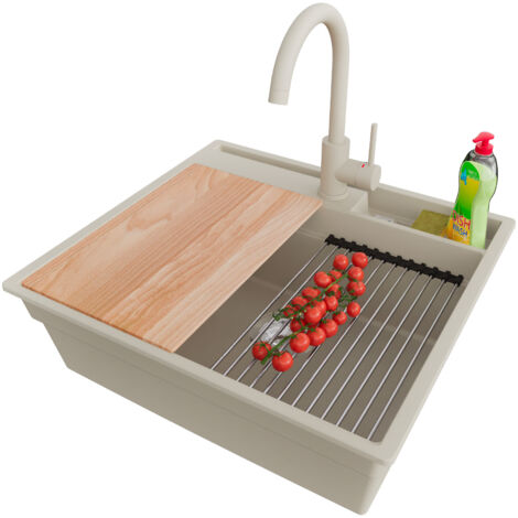 PRIMAGRAN Evier Cuisine en Granit 58x53cm,Lavabo 1 bac + Robinet 32x20cm + Kit de Vidage + Accessoires, Évier à Encastrer au meuble 60cm - Oslo Pocket, Beige (1/5)