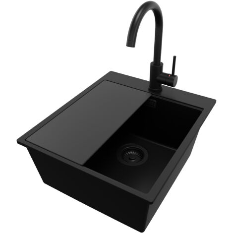 PRIMAGRAN Evier Cuisine en Granit 43x50cm, Lavabo 1 bac + Robinet 32x20cm + Kit de Vidage + Accessoire, Évier à Encastrer au meuble 45cm - Oslo, Tout Noir (1/5)
