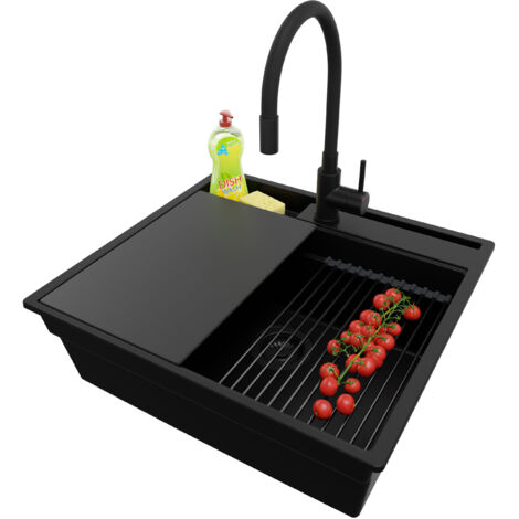 PRIMAGRAN Evier Cuisine en Granit 58x53cm, Lavabo 1 bac + Kit de Vidage + Accessoire, Évier à Encastrer au meuble 60cm - Oslo Pocket, Tout Noir (1/5)