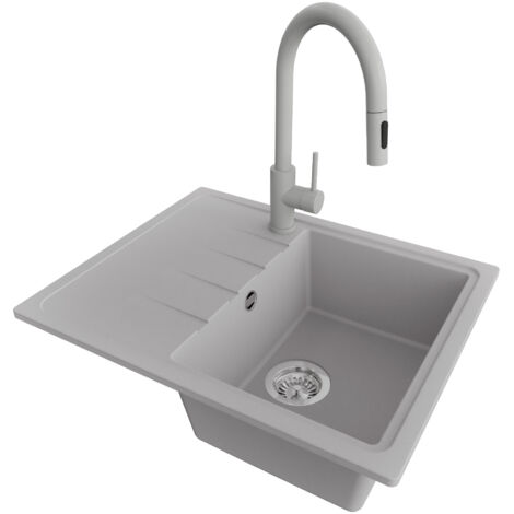 PRIMAGRAN Evier Cuisine en Granit 62x50cm,Lavabo 1 bac + Robinet 40x20cm + Kit de Vidage, Évier à Encastrer au meuble 40cm - Milan, Gris (1/5)