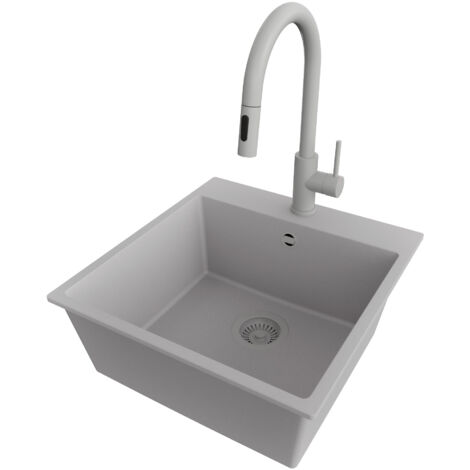 PRIMAGRAN Evier Cuisine en Granit 48x50cm,Lavabo 1 bac + Robinet 40x20cm + Kit de Vidage, Évier à Encastrer au meuble 50cm - Riga, Gris (1/5)