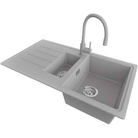 PRIMAGRAN Evier Cuisine en Granit 90x50cm,Lavabo 1,5 bacs + Robinet 38x14cm + Kit de Vidage, Évier à Encastrer au meuble 60cm - Copenhague Duo, Gris (1/5)
