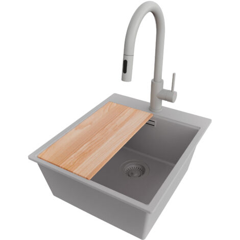 PRIMAGRAN Evier Cuisine en Granit 43x50cm,Lavabo 1 bac + Robinet 40x20cm + Kit de Vidage + Planche à Découper, Évier à Encastrer au meuble 45cm - Oslo, Gris (1/5)