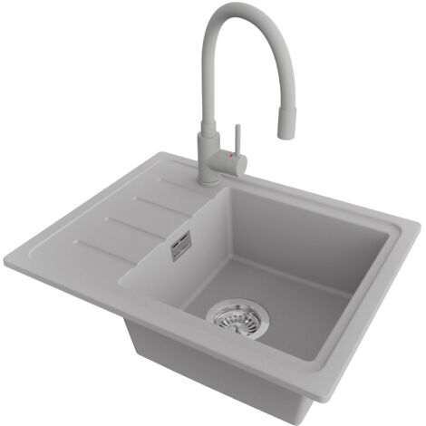 PRIMAGRAN Evier Cuisine en Granit 55x44cm,Lavabo 1 bac + Robinet 38x14cm + Kit de Vidage, Évier à Encastrer au meuble 45cm - Copenhague Easy, Gris (1/5)