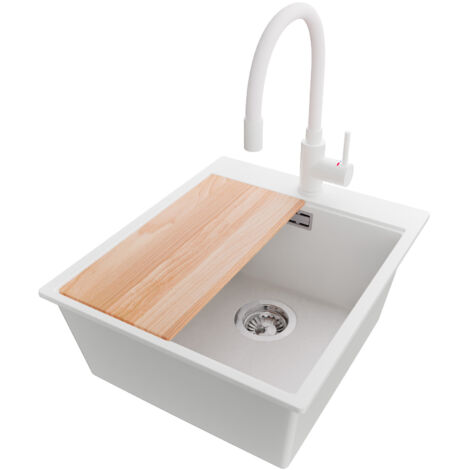 PRIMAGRAN Evier Cuisine en Granit 43x50cm,Lavabo 1 bac + Robinet 38x14cm + Kit de Vidage + Planche à Découper, Évier à Encastrer au meuble 45cm - Oslo, Blanc (1/5)
