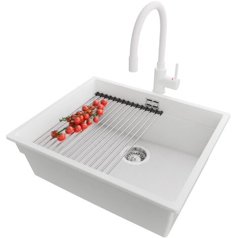 PRIMAGRAN Evier Cuisine en Granit 56x47cm, Lavabo 1 bac + Robinet 38x14cm + Kit de Vidage + Accessoire, Évier à Encastrer au meuble 60cm - Prague Slim, Blanc (1/5)