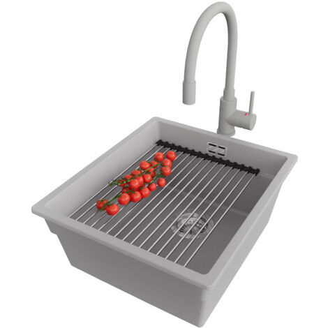 PRIMAGRAN Evier Cuisine en Granit 41x47cm, Lavabo 1 bac + Robinet 38x14cm + Kit de Vidage + Accessoire, Évier à Encastrer au meuble 45cm - Prague Slim, Gris (1/5)