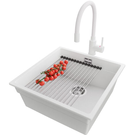 PRIMAGRAN Evier Cuisine en Granit 46x47cm, Lavabo 1 bac + Robinet 38x14cm + Kit de Vidage + Accessoire, Évier à Encastrer au meuble 50cm - Prague Slim, Blanc (1/5)
