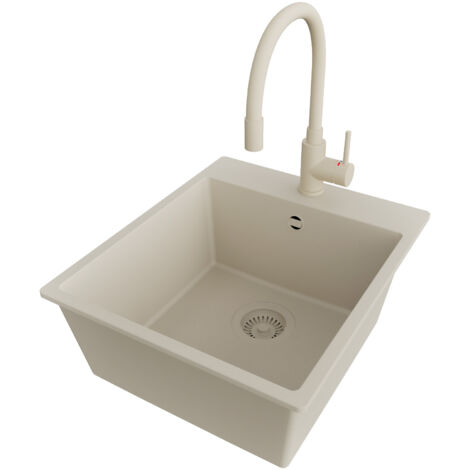 PRIMAGRAN Evier Cuisine en Granit 43x50cm,Lavabo 1 bac + Robinet 38x14cm + Kit de Vidage, Évier à Encastrer au meuble 45cm - Riga, Beige (1/5)