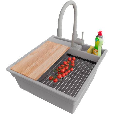 PRIMAGRAN Evier Cuisine en Granit 48x53cm,Lavabo 1 bac + Robinet 38x14cm + Kit de Vidage + Accessoires, Évier à Encastrer au meuble 50cm - Oslo Pocket, Gris (1/5)