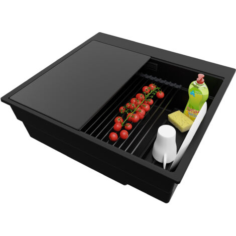 PRIMAGRAN Evier Cuisine en Granit 58x53cm,Lavabo 1 bac + Kit de Vidage + Accessoires, Évier à Encastrer au meuble 60cm - Oslo Max, Tout Noir (1/5)