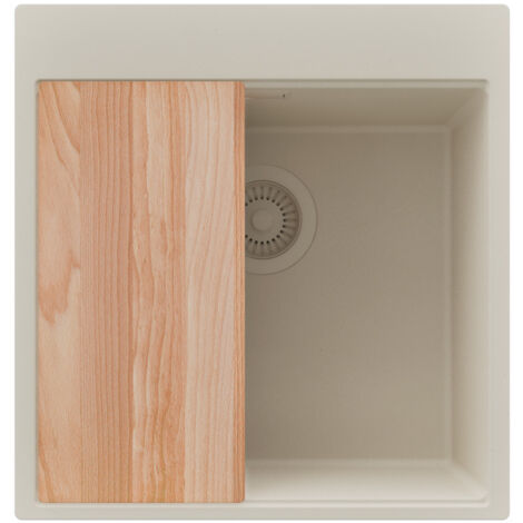 PRIMAGRAN Evier Cuisine en Granit 48x50cm,Lavabo 1 bac + Kit de Vidage + Planche à Découper, Évier à Encastrer au meuble 50cm - Oslo, Beige (1/5)