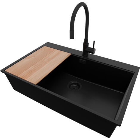 PRIMAGRAN Evier Cuisine en Granit 78x50cm, Lavabo 1 bac + Robinet 40x38cm + Kit de Vidage + Accessoire, Évier à Encastrer au meuble 80cm - Oslo, Tout Noir (1/5)