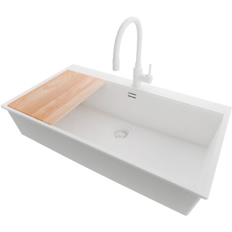 PRIMAGRAN Evier Cuisine en Granit 88x50cm, Lavabo 1 bac + Robinet 38x14cm + Kit de Vidage + Accessoire, Évier à Encastrer au meuble 90cm - Oslo, Tout Blanc (1/5)
