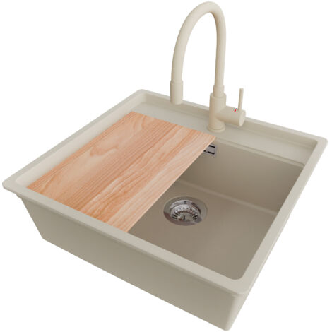 PRIMAGRAN Evier Cuisine en Granit 56x53cm,Lavabo 1 bac + Robinet 38x14cm + Kit de Vidage + Planche à Découper, Évier à Encastrer au meuble 60cm - Bergen, Beige (1/5)