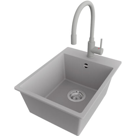 PRIMAGRAN Evier Cuisine en Granit 38x50cm,Lavabo 1 bac + Robinet 38x14cm + Kit de Vidage, Évier à Encastrer au meuble 40cm - Riga, Gris (1/5)
